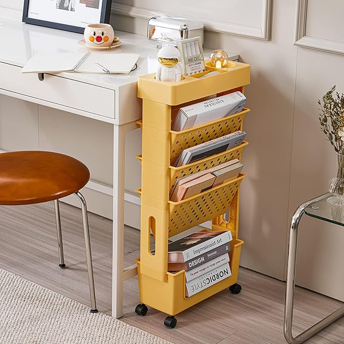 Yellow Rolling Office Paper Organizer, Mobile Book Cart Document Folder File Storage with Pen Holder, Slim Rolling Storage Cart Movable Bookshelf for Office, Dorm, Classroom, Nursery