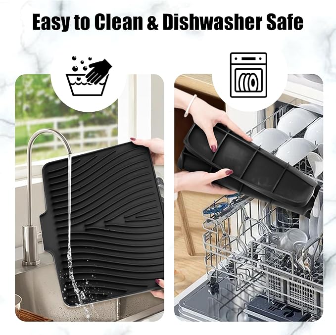 TIKNIK Silicone Dish Drying Mat for Kitchen Counter - Heat Resistant & Non-Slip Dish Drain Pad with Built-In Drain, Dishwasher Safe, Quick-Dry, Hangable & Roll-Up for Storage, Black-1pc, 16" x 12"