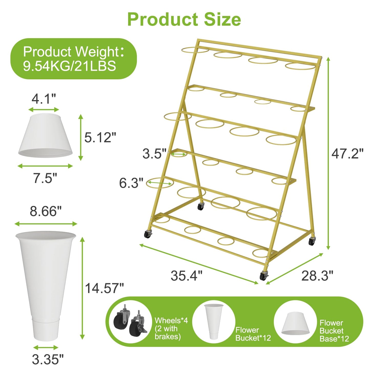 NEYCIL Flower Stand, 3 Tier Flower Display Stand with 12 Buckets, Upgrade Double Circle No Shaking, Outdoor Flower Cart with Wheels for Patio, Garden, Shop, Wedding, Party, Exhibition, Indoor, Gold