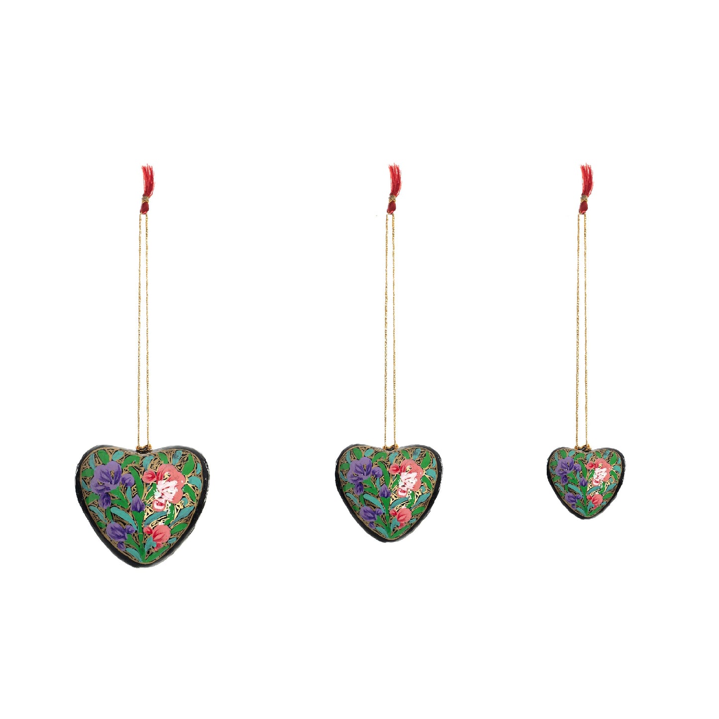 Christmas Hanging Handmade Paper Mache Decorative Xmas Tree Ornaments Décor with Hand Painted Floral Multicolour Design for Decoration and Gifting (Heart -Set of 3)