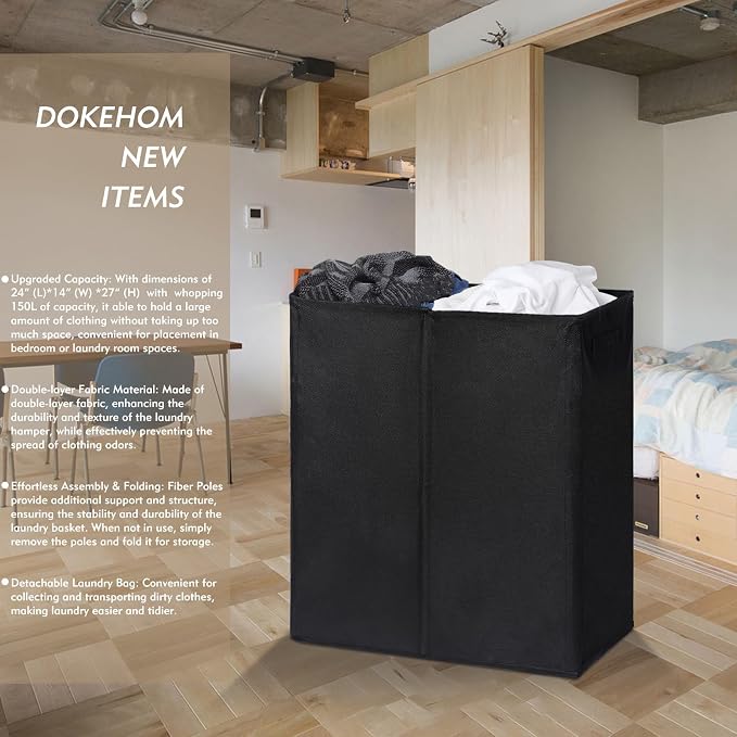 DOKEHOM 150L Extra Large Laundry Hamper with Lid, 2-Section Double Laundry Basket with Removable Mesh Liner Bags, Collapsible Clothes Sorter for Family, Bedroom, Laundry Room, Black