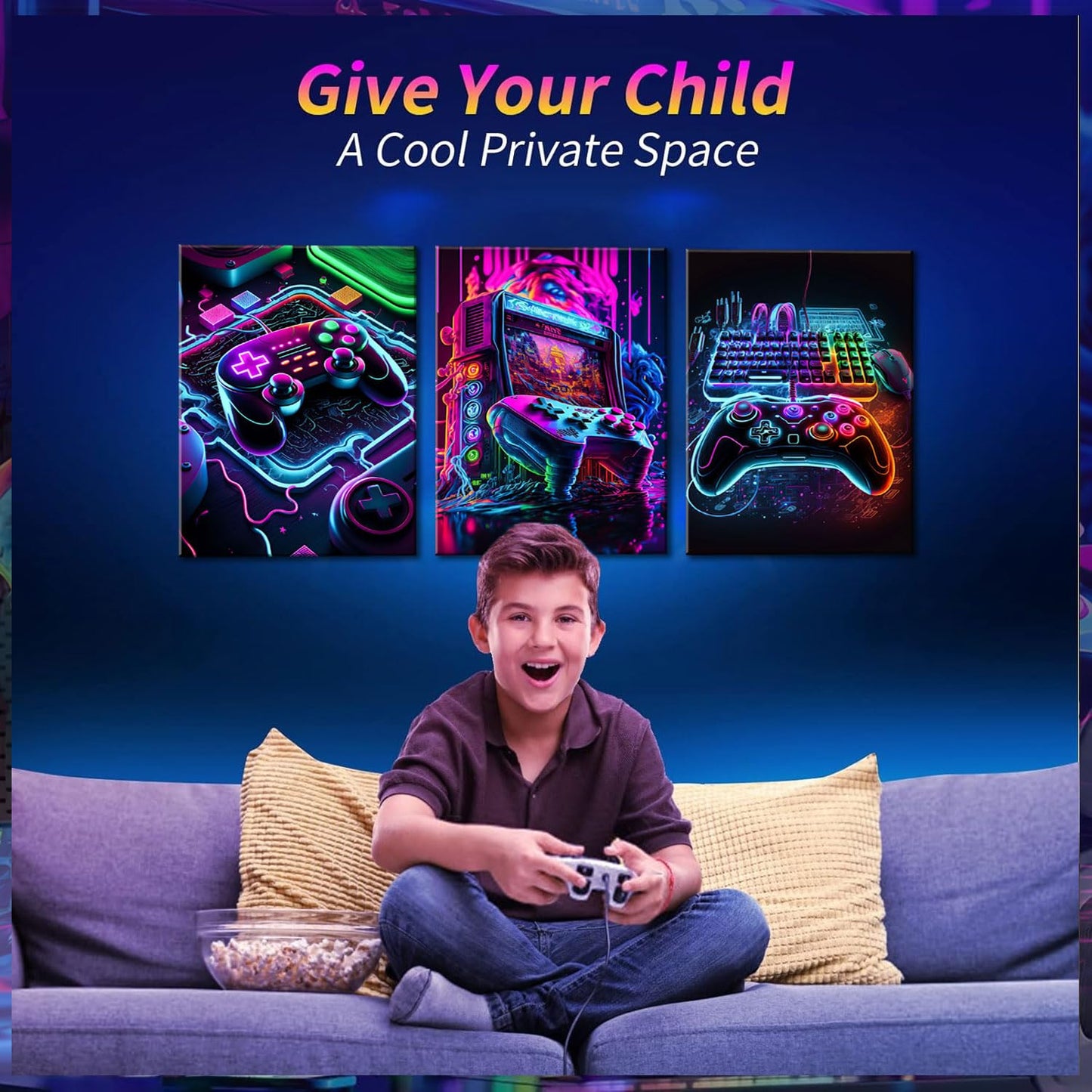 BGFCE Game Room Decor Posters Set of 3 - Neon Gaming Accessories Theme Canvas Wall Art, Gamer Console Paintings Picture Wall Decor for Children Youth Boys Bedroom 12x16 inch Unframed