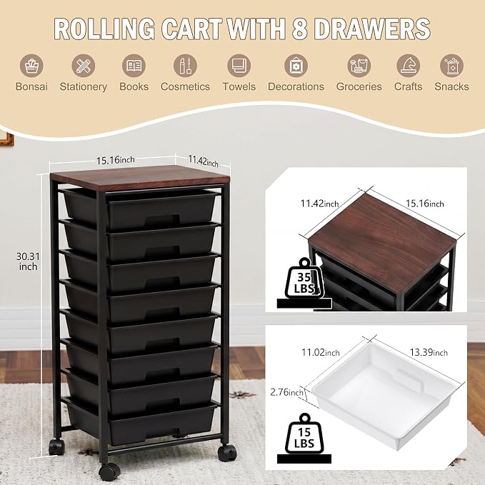 Rolling Cart with 8 Drawers, Storage Drawers Cart with Wooden Tabletop and Lockable Wheels, Craft Storage for Living Room, Office, Classroom, Craft Room, Bedroom (Black)