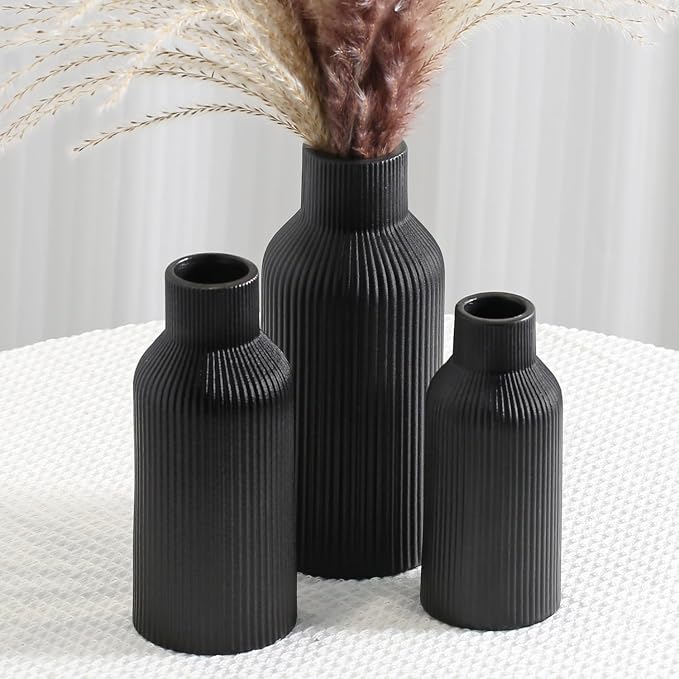 Bohemian Black Ceramic Vase - for Pampas Grass, Mantel, Bookshelf, Entryway and Living Room Decor (Black, Set of 3)