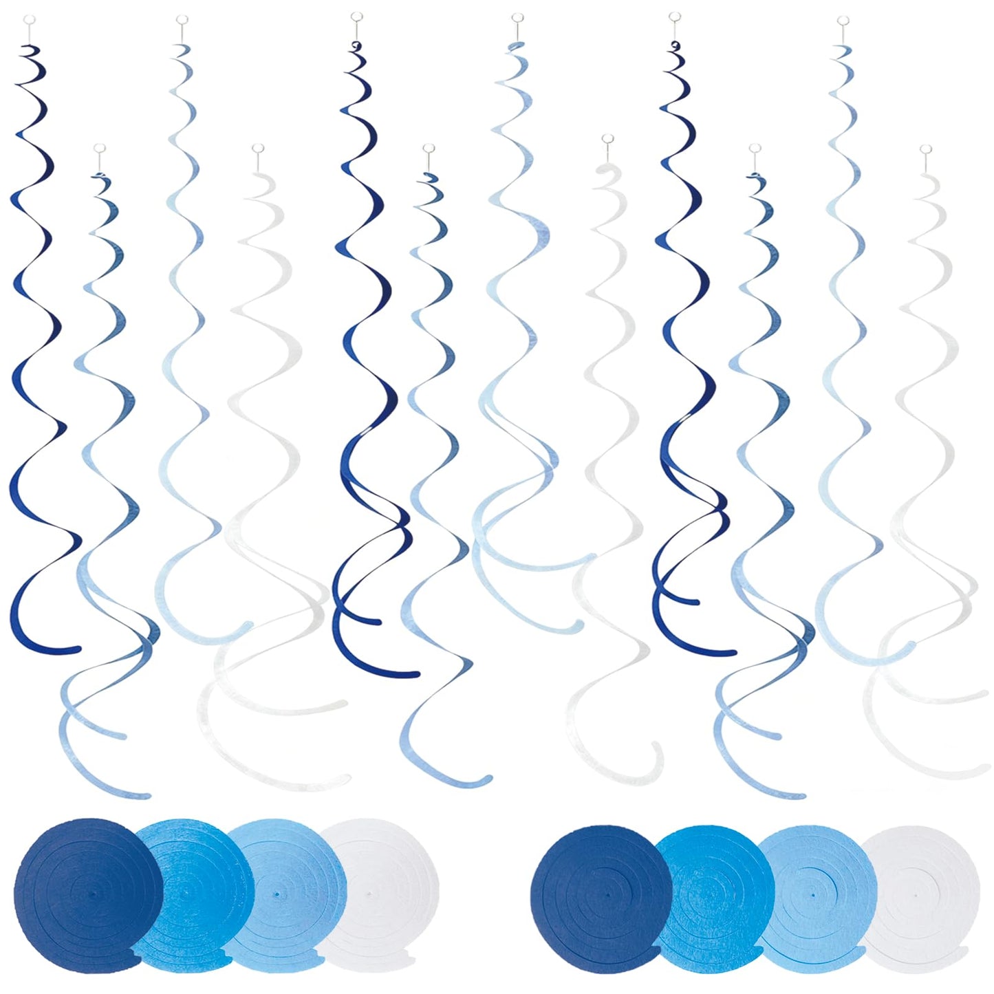 48 Pcs Blue Hanging Swirl Party Decorations Ombre Blue Felt Ceiling Spiral Streamers with Hooks for Birthday Wedding Baby Shower Graduation Party Supplies