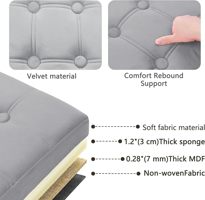 AmasSmile® Storage Ottoman Foot Rest Stool, 34 inch Velvet Footstool Bench, Short Ottoman Stool, Small Folding Storage Ottoman Store Books, Records, Grey