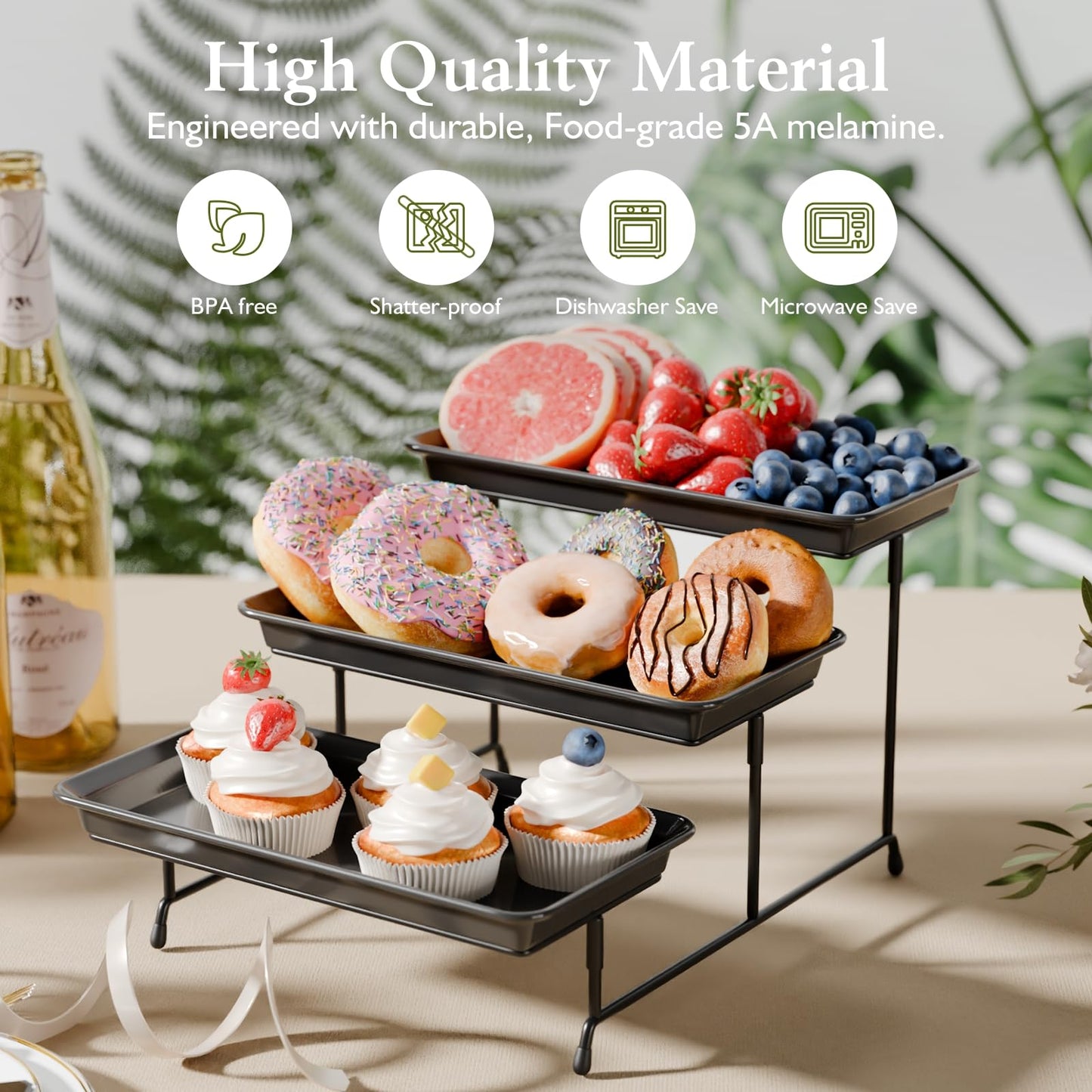 3-Tier Melamine Serving Tray Set, 11.5" x 5.6" Platters for Serving Food, Black Reusable Trays with Black Metal Display Stand for Cupcakes, Sevring Food, Dessert, Fruit, Cookie, Black