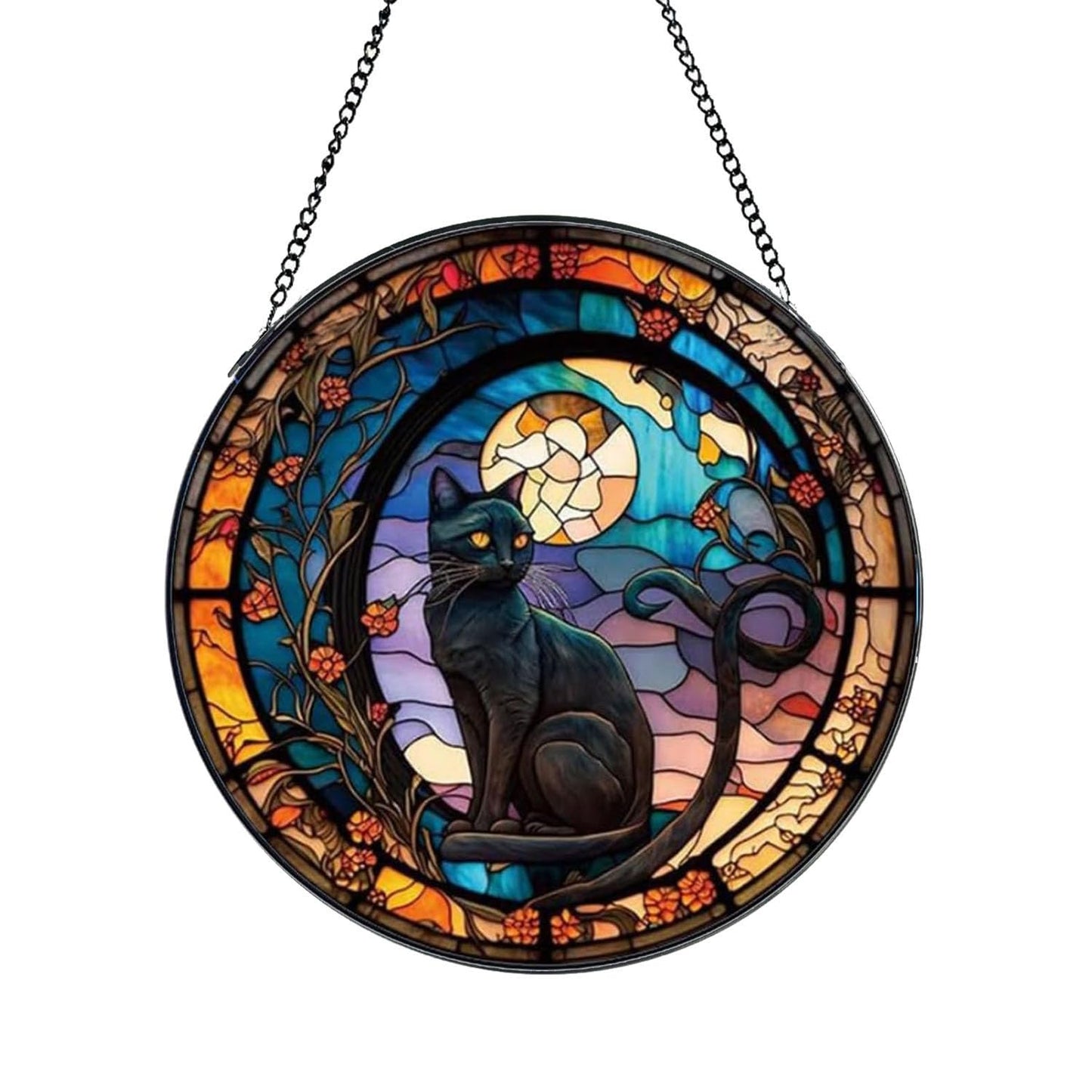 JZZNNFEZN Black Cat Stained Glass Window Hanging,7.87’’ Stained Glass Suncatcher for Window for Cat Lovers,Hanging Ornaments Round Women Gifts for Family Friends, Housewarming Gift (A Style)