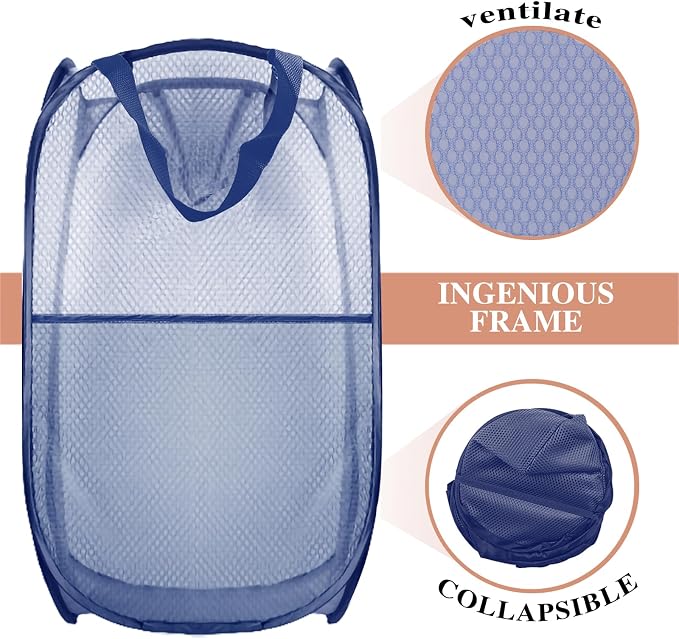 Collapsible Pop Up Laundry Hamper, Extra Large Mesh Foldable Laundry Basket, 28" x 16" x 16" (Blue)