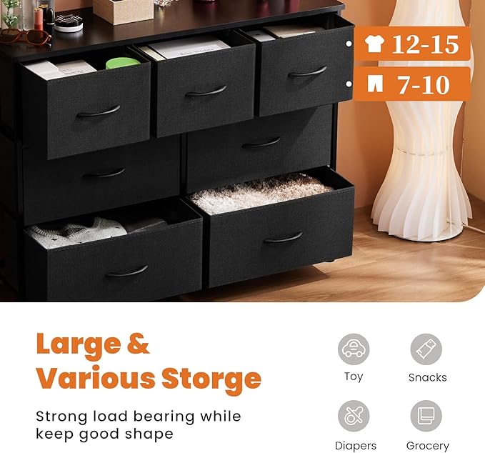 Sweetcrispy 7 Drawer Dresser Storage Organizer with Fabric Bins, Sturdy Steel Frame and Wood Top, Easy Pull Handles, for Bedroom Closet Hallway Entryway,Black