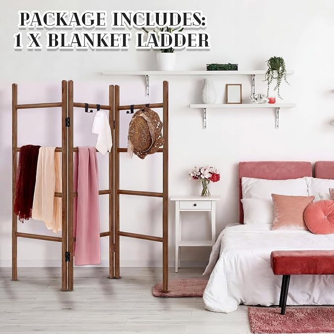 CroBlissful 3 Panel Blanket Ladder, 56.7" H Rustic Wood Quilt Display Rack, Foldable Free Standing Towel Ladder with 9 Hooks, Decorative Blanket Holder for Living Room Bedroom Bathroom Farmhouse Decor