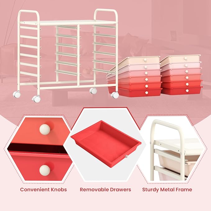 COSTWAY 12-Drawer Rolling Storage Cart, Utility Storage Organizer Cart for Tools, Scrapbook, Paper, Craft, Multipurpose Art Supply Organizer on Wheels for Home Office School, Teacher, Mixed Pink