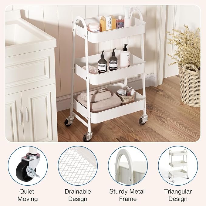 OLIXIS Metal Utility Cart, Mobile Rolling Storage Shelf with Lockable Caster Wheels, Organization for Livingroom, Bathroom & Narrow Places, 3 Tiers White