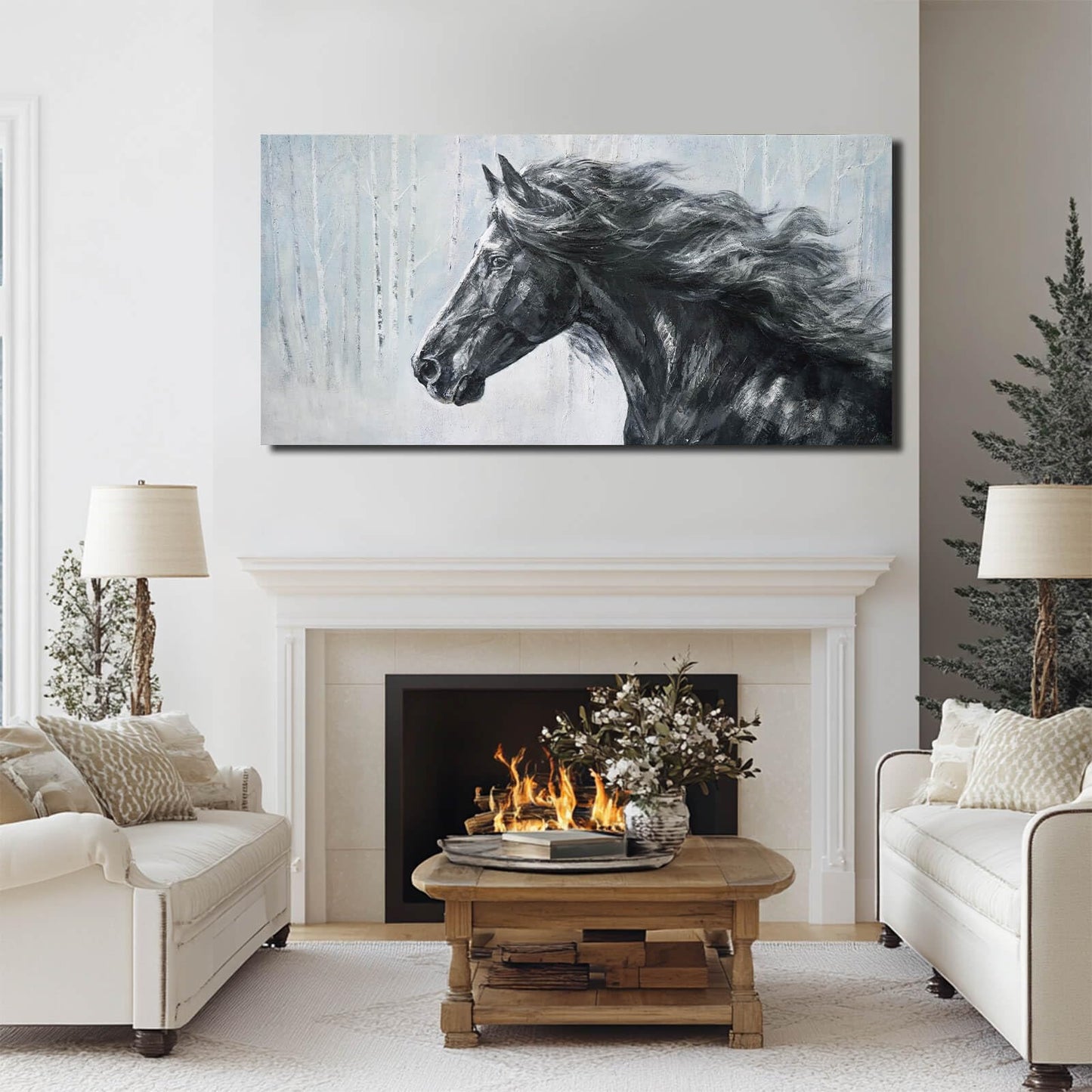 ZHENGYIN Large Black and White Horse Canvas Wall Art, Western Equine Portrait Artwork, Rustic Western Farmhouse Wall Decor for Living Room Office, Above Sofa, 24x48 Inch