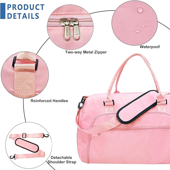 woogwin Gym Bag for Men & Women with Shoes & Wet Compartment Waterproof Duffle Bag for Travel Sports Workout Overnight Weekender(21",Pink)