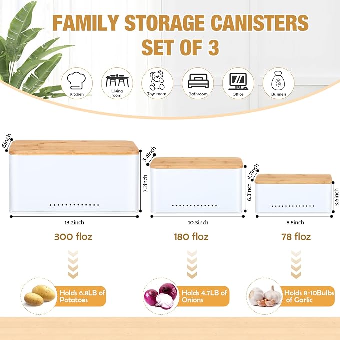 Honeydak 3 Pcs Metal Storage Box with Lid Nesting Farmhouse Storage Bins for Kitchen Pantry Bathroom Living Room Office, Aerating Produce Keeper & Countertop Organizer Set(White)