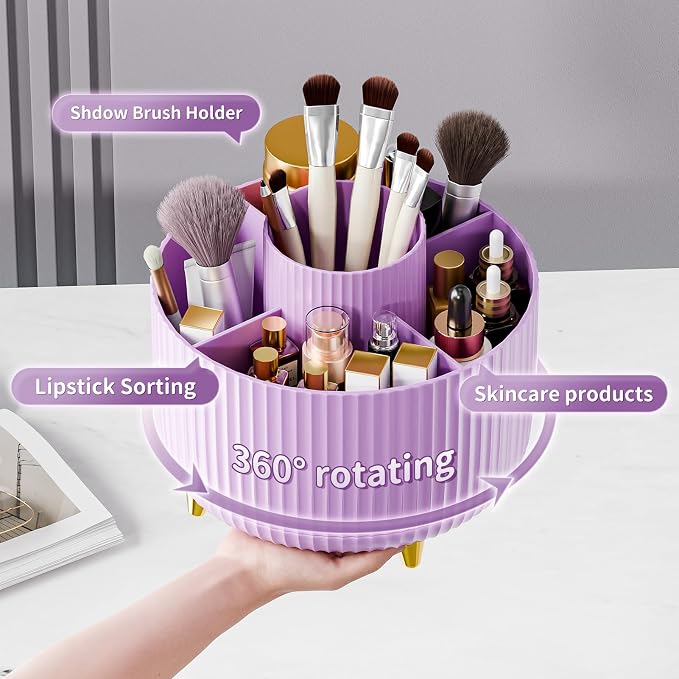 fanado 360° Rotate Makeup Brush Holder Organizer, Makeup Organizers Countertop, Makeup organization and Skincare Storage for Vanity, Desktop, Bathroom (Purple)