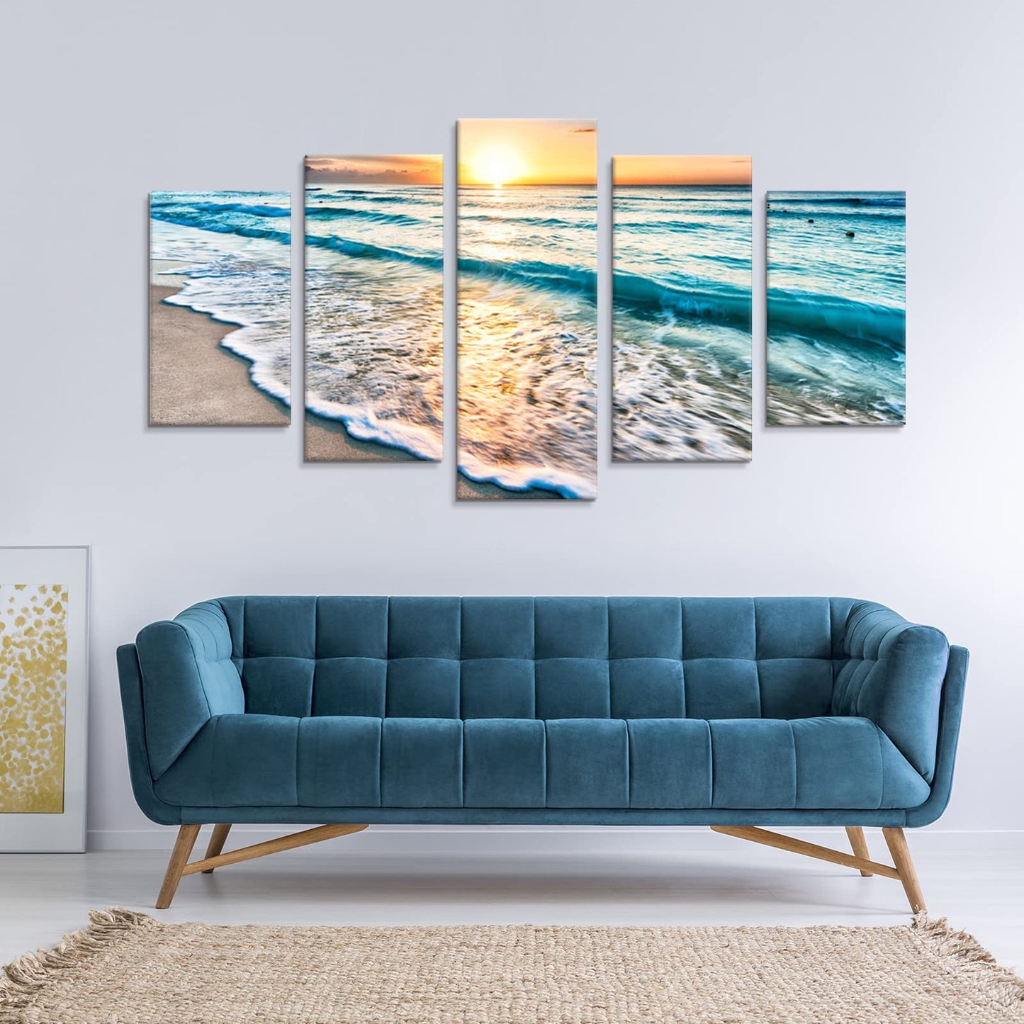 Goldfoilart 5 Pieces Beach Coastal Wall Art Sea Sunset Seascape Pictures Ocean Photography Canvas Large Horizontal Landscape Multi Framed Artwork for Bedroom Living Room Bathroom Wall Decor