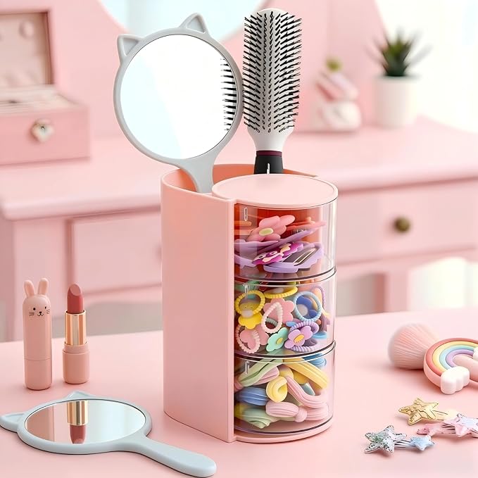 Luscinia Hair Accessories Organizer with Hair Brush Holder, Rotatable Makeup Brush and Jewelry Storage Box for Hair Clips, Earrings, Necklaces, Bracelets, Rings, and Daily Accessories (Pink, 3-Layer)
