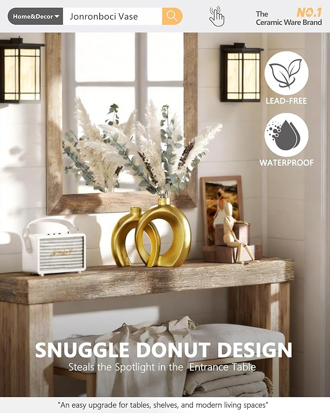 Set of 2 Gold Ceramic Vases for Home Decor Accents - Unique Hollow Donut Artistic Design Modern Art Deco Luxury Style Decorative Vases for Shelf, Mantel, Entryway Table Decor (Matte Gold)