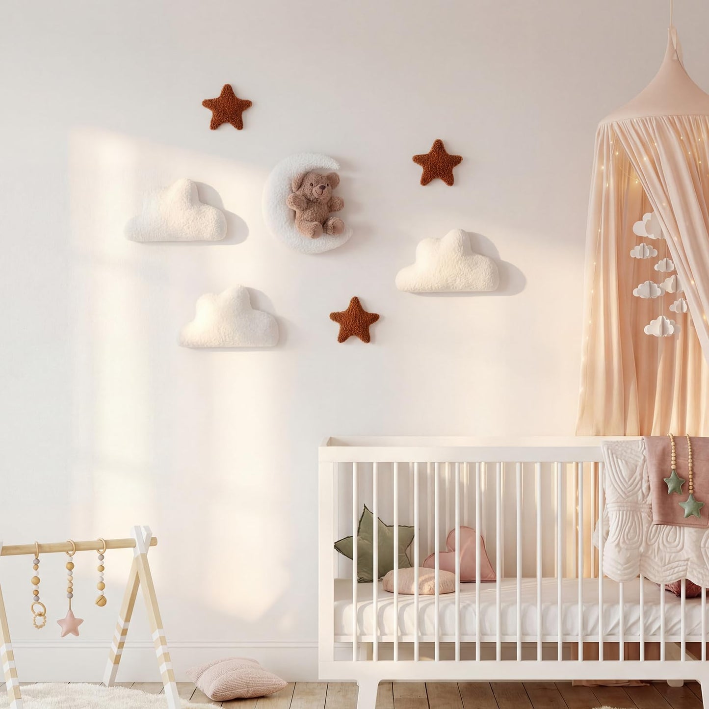 Chumia 7 Pcs Teddy Bear and Moon Wall Decor Nursery Wall Art with Clouds Stars Soft Plush Baby Room Decor Gender Neutral for Bedroom Decoration (Ivory Caramel)