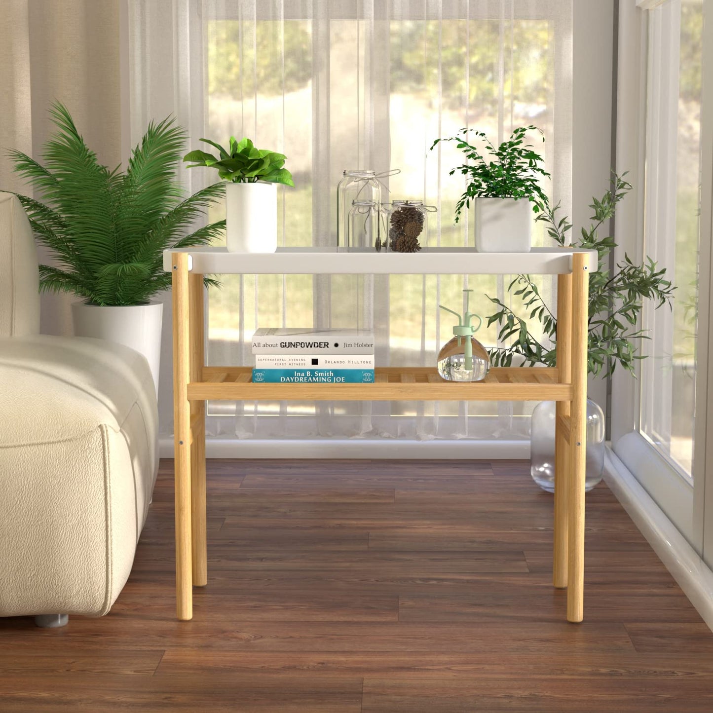 HoVoit Bamboo Plant Stands Indoor, 2 Tier Steel Tray Plant Table Tall Corner Multiple Plant Holder Display Rack for Outdoor Garden Home