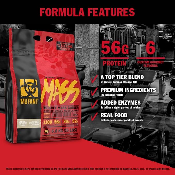 Mutant Mass Weight Gainer Protein Powder ??Build Muscle Size and Strength with 1100 Calories ??56 g Protein ??26.1 g EAAs ??12.2 g of BCAAs ??15 lbs with 24 Servings ??Cookies & Cream