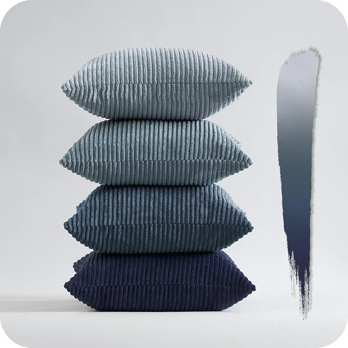 Topfinel Decorative Throw Pillow Covers Dark Blue Navy Series,Summer Corduroy Striped Toss Pillows for Couch,Patio,Balcony,Children Bedroom,Modern Fluffy Green Gradient Shams 20x20 Inch Set of 4