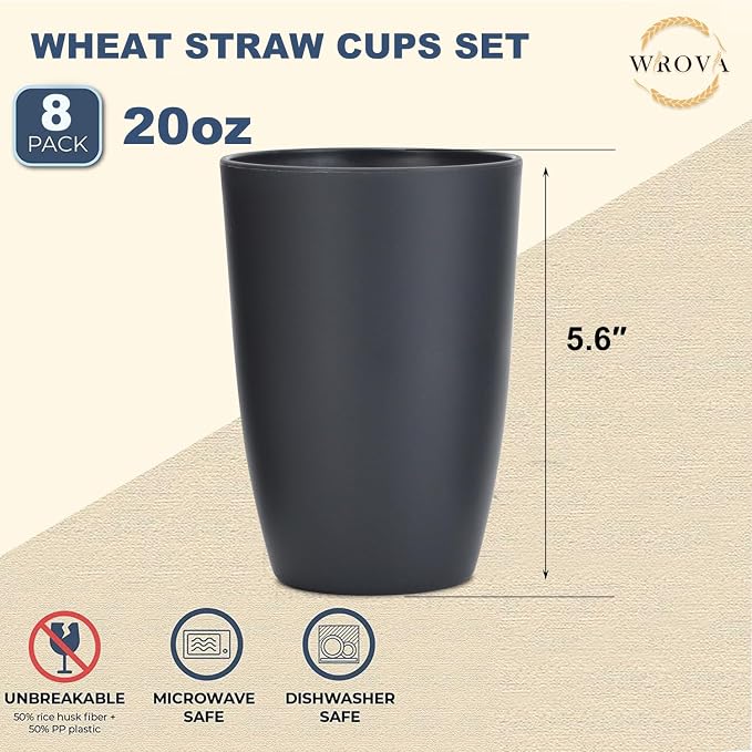 Wrova Wheat Straw Cups 8 PCS Good Alternative to Plastic Reusable Cups 20 oz Unbreakable Drinking Cup Reusable Dishwasher Safe Water Plastic Glasses Deep Gray
