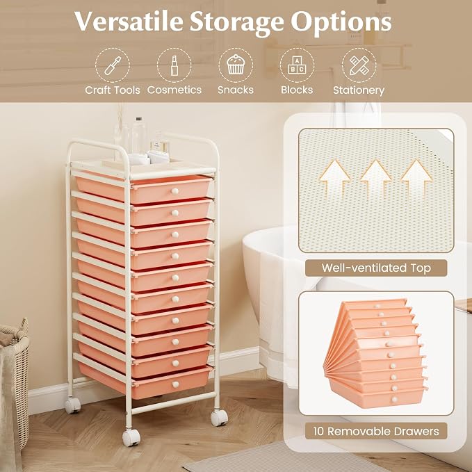 COSTWAY 10-Drawer Rolling Storage Cart, Utility Mobile Trolley with Removable Drawers & Universal Casters & 2 Brakes, Versatile Flexible Drawer Organizer Cart for Home, Office, Peach