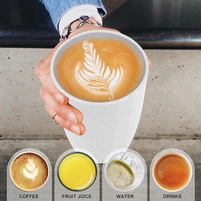 Wrova Wheat Straw Cups Set of 6 Good Alternative to Plastic Cups Reusable 12 oz Unbreakable Drinking Cup Reusable Dishwasher Safe Water Plastic Kitchen Glasses - White