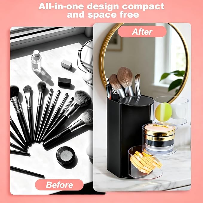 Luscinia Hair Accessories Organizer with Hair Brush Holder, Rotatable Makeup Brush and Jewelry Storage Box for Hair Clips, Earrings, Necklaces, Bracelets, Rings, and Daily Accessories (Black, 3-Layer)