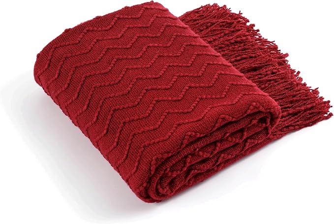 BATTILO HOME Christmas Red Throw Blanket for Couch, Textured Soft Burgundy Throw Blankets, Decorative Knitted Red Blanket for Sofa Bed Living Room, 50"x60"