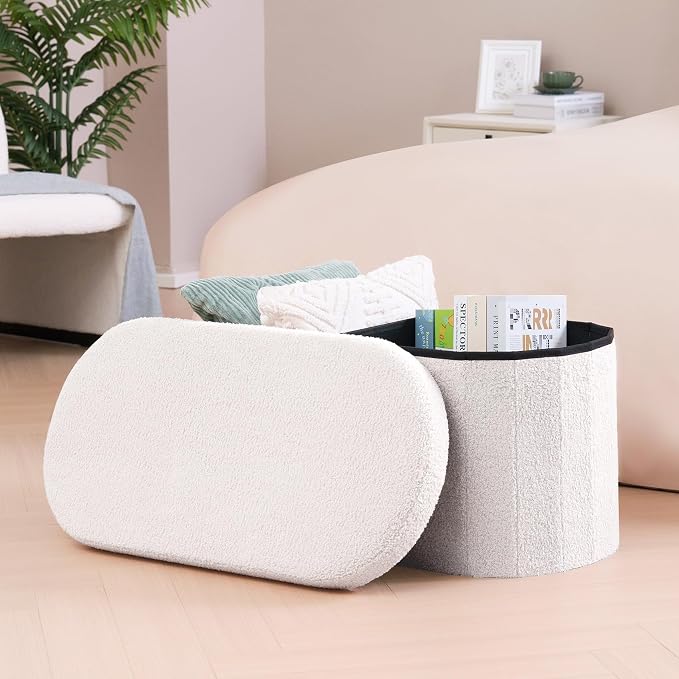 B FSOBEIIALEO Ottoman with Storage for Living Room, Sherpa Folding Storage Ottoman Foot Rest, 30 Inches Collapsible Bedroom Bench White Cream