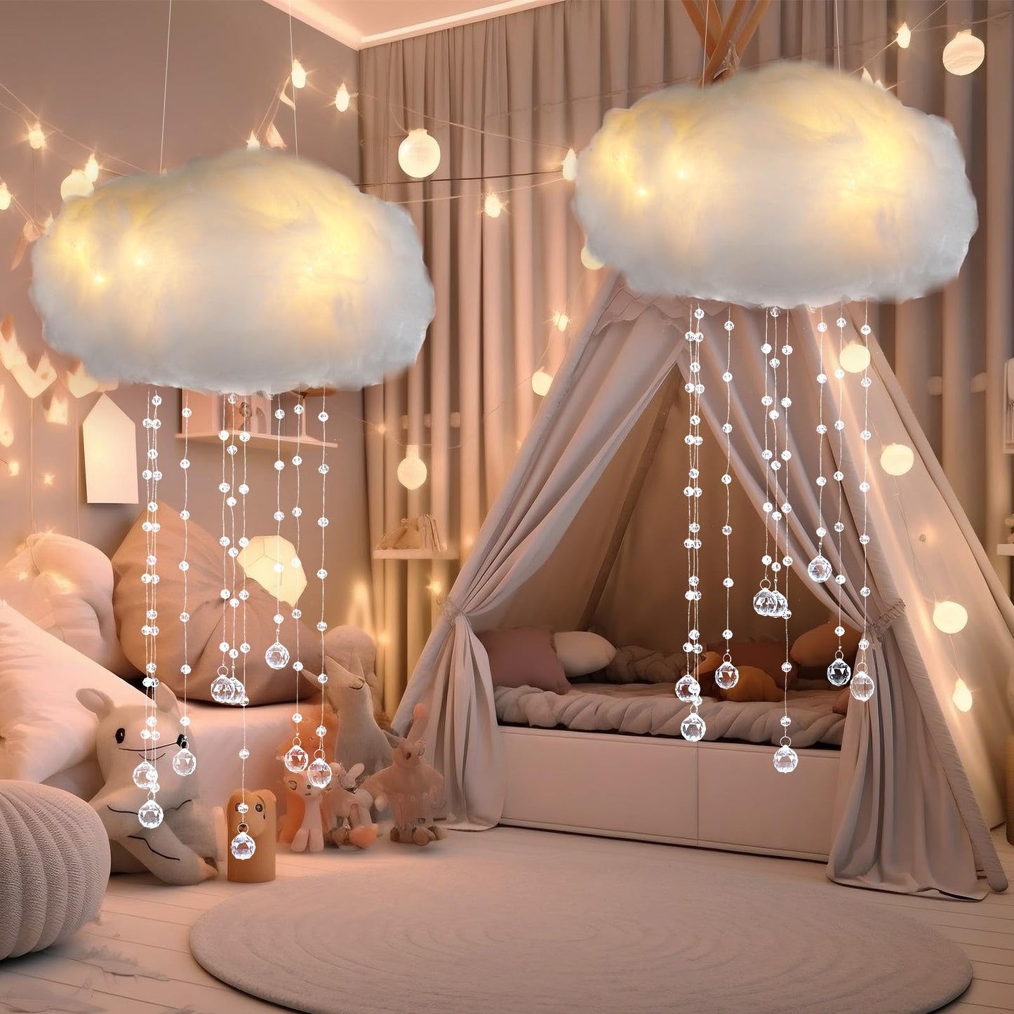Marsui Artificial Cloud Props LED Hanging Cloud Light String Fake Imitation 3D Cotton Classroom School Decor Raindrop for Room Ceiling Baby Shower Party Wedding Nursery Classroom Wall DIY Decor(2 Pcs)