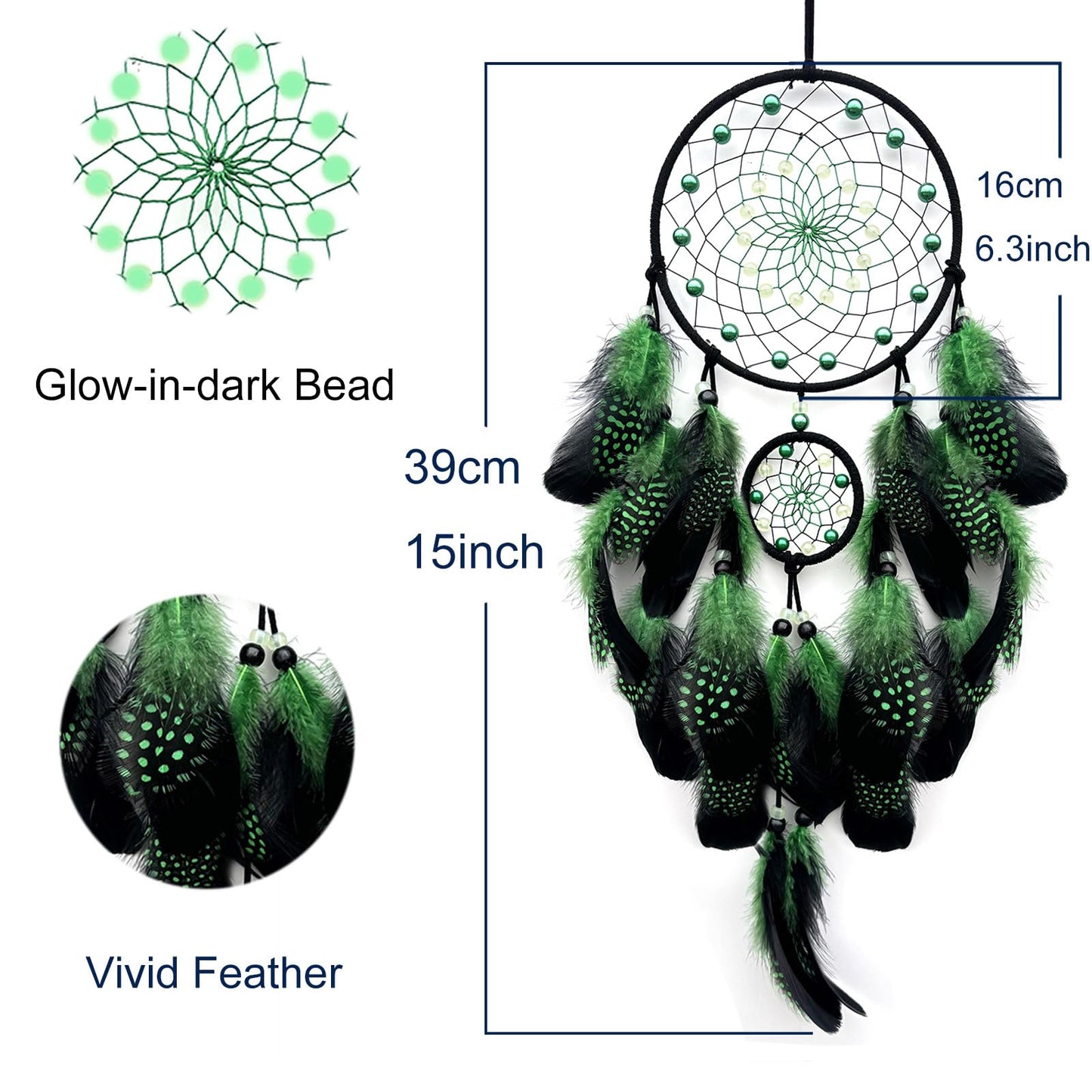 SOYUZU Green and Black Dream Catcher Wall Decor Feather Dream Catchers with Luminous Bead Handmade Dreamcatcher Wall Hanging Ornament for Bedroom Living Room Home Decor