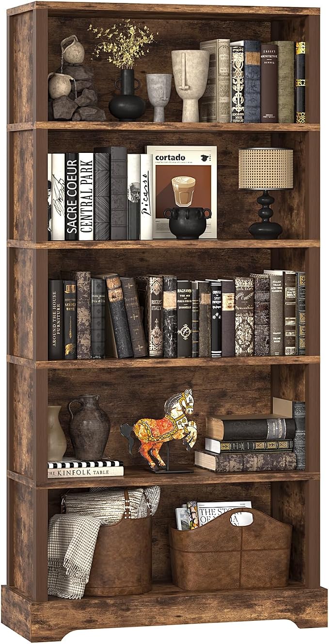 TVU 5-Tier Wooden Bookshelf, 65" Tall Farmhouse Style Open Bookcase, 31.5" W Standing Book Shelf with Storage, Suitable for Study, Living Room, Office, Rustic Brown