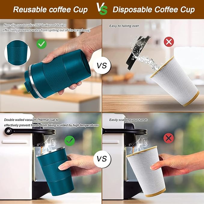 YINBAOGE Insulated Travel Coffee Mug, Spill & Leak Proof, Portable To Go Camping Stainless Steel Coffee Tumbler, Reusable Thermal Coffee Cup with Lid for Hot & Cold Drinks (Blue, 12 OZ)