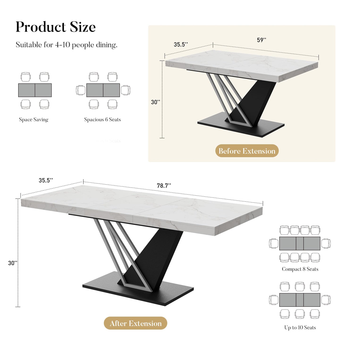 COSIEST 59'' to 78.7'' Extendable Dining Table for 4-8, Faux Marble Expandable Kitchen Table with Sturdy Metal Base, Rectangle Dinner Table for Small Space, Dining Room, Living Room, White