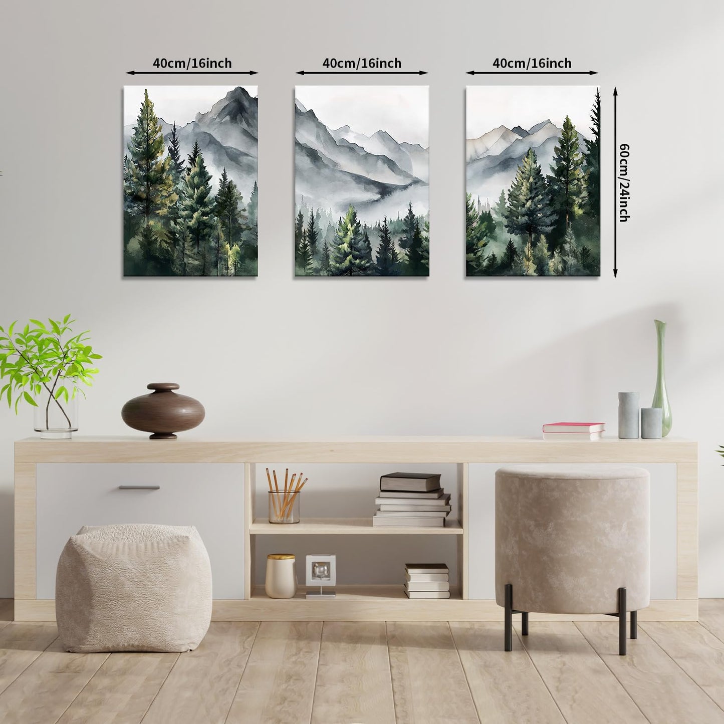 WANGTIAO 3 Panels Framed Canvas Wall Art for Living Room, Abstract Mountain Forest Views Ink Wall Decor for Dedroom Office Wall Paintings Green Landscape Art Prints Pictures Ready to Hang 12"x16"x3