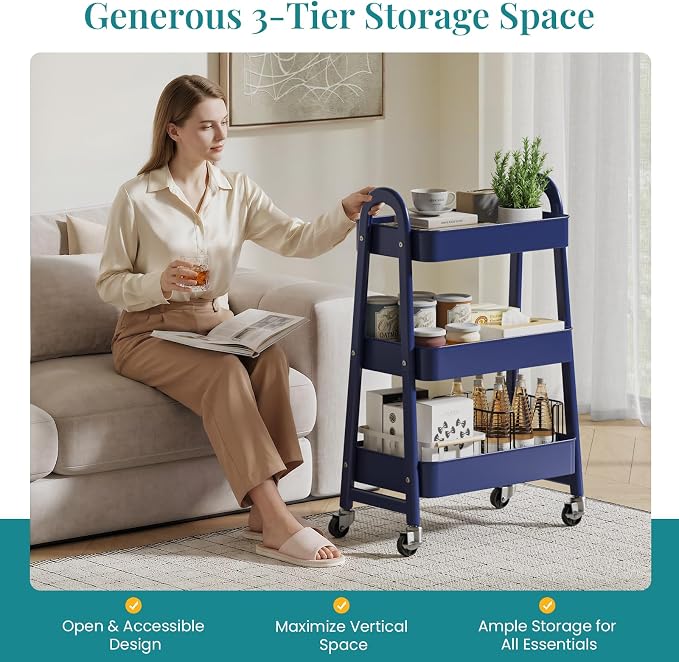 OLIXIS Metal 3 Tiers Utility Rolling Cart, Mobile Storage Shelf with Lockable Caster Wheels, Organization for Livingroom, Bathroom & Narrow Places, Blue