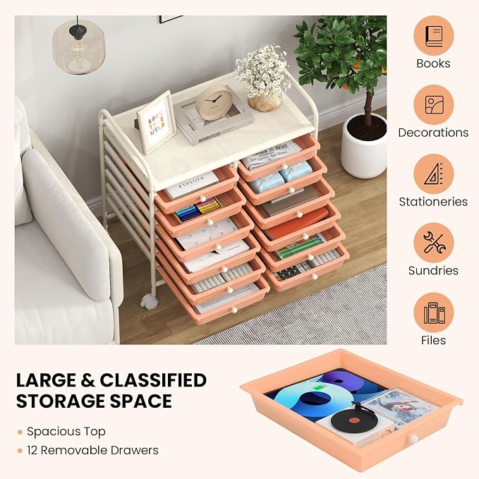 Giantex 12 Drawers Rolling Cart, Mobile Storage Drawer Cart, Classroom Organizer Cart for Office School Supplies Tools Scrapbook Paper Craft Small Printer, Utility Cart on Wheels, Peach Fuzz