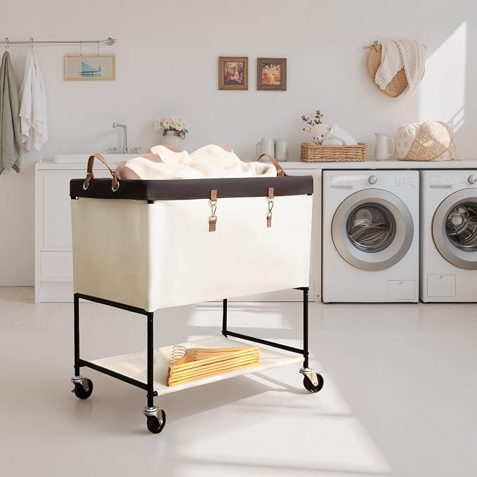 StorageWorks Laundry Cart, 2 Tier Rolling Laundry Basket, Heavy Duty Laundry Basket with Lockable Wheels, Laundry Room Organization and Storage, Clothes Hamper for Bedroom, Dorm, Closet, 46Gal, Beige