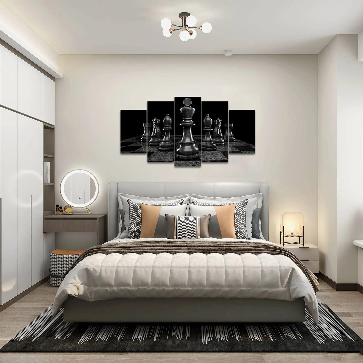Conipit Chess Canvas Wall Art for Living Room Chess Board Wall Print Black King Knight Painting Chess Setup International Chess Picture Framed 5 Piece(total 60x32 inch)