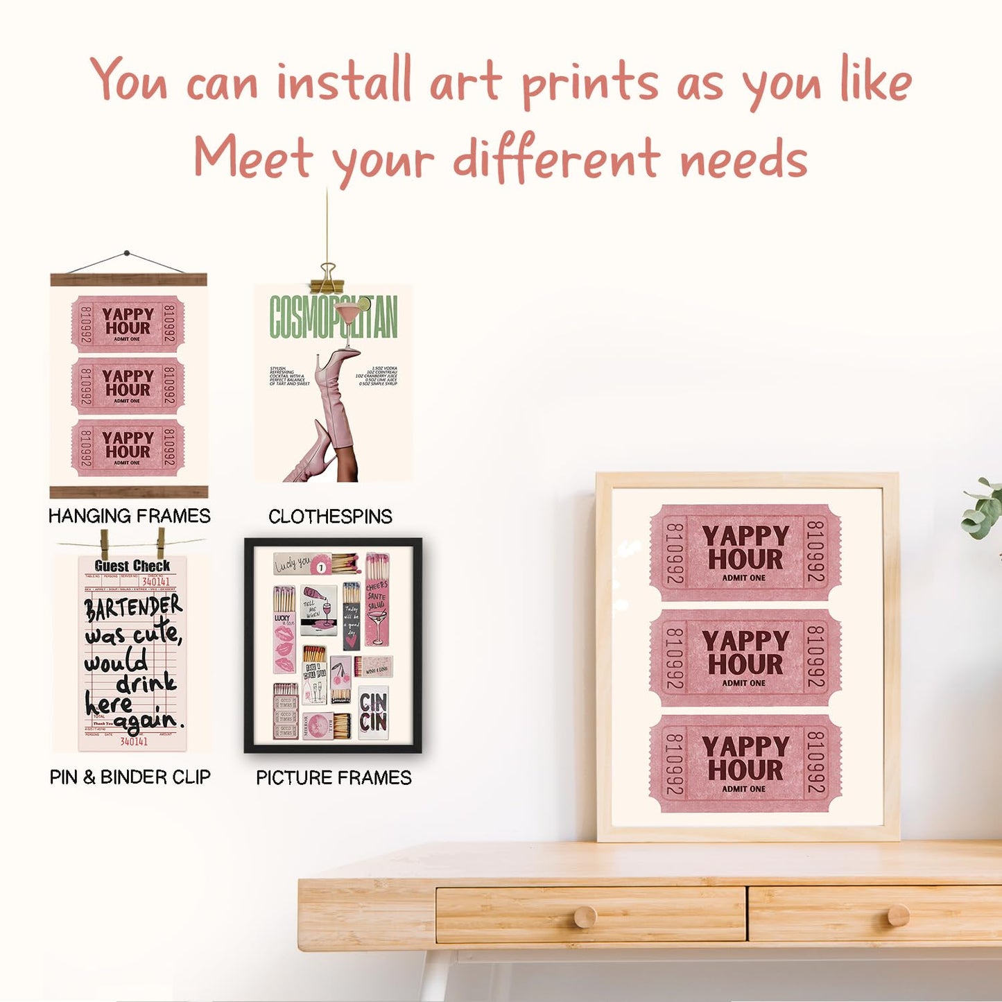 NaZaUK Pink Bar Cart Decor Wall Art, Aesthetic Artwork for Home Living Room Bar Cart Kitchen Wall Decor for College Apartment Set of 4, 8x10 Inch (Unframed)