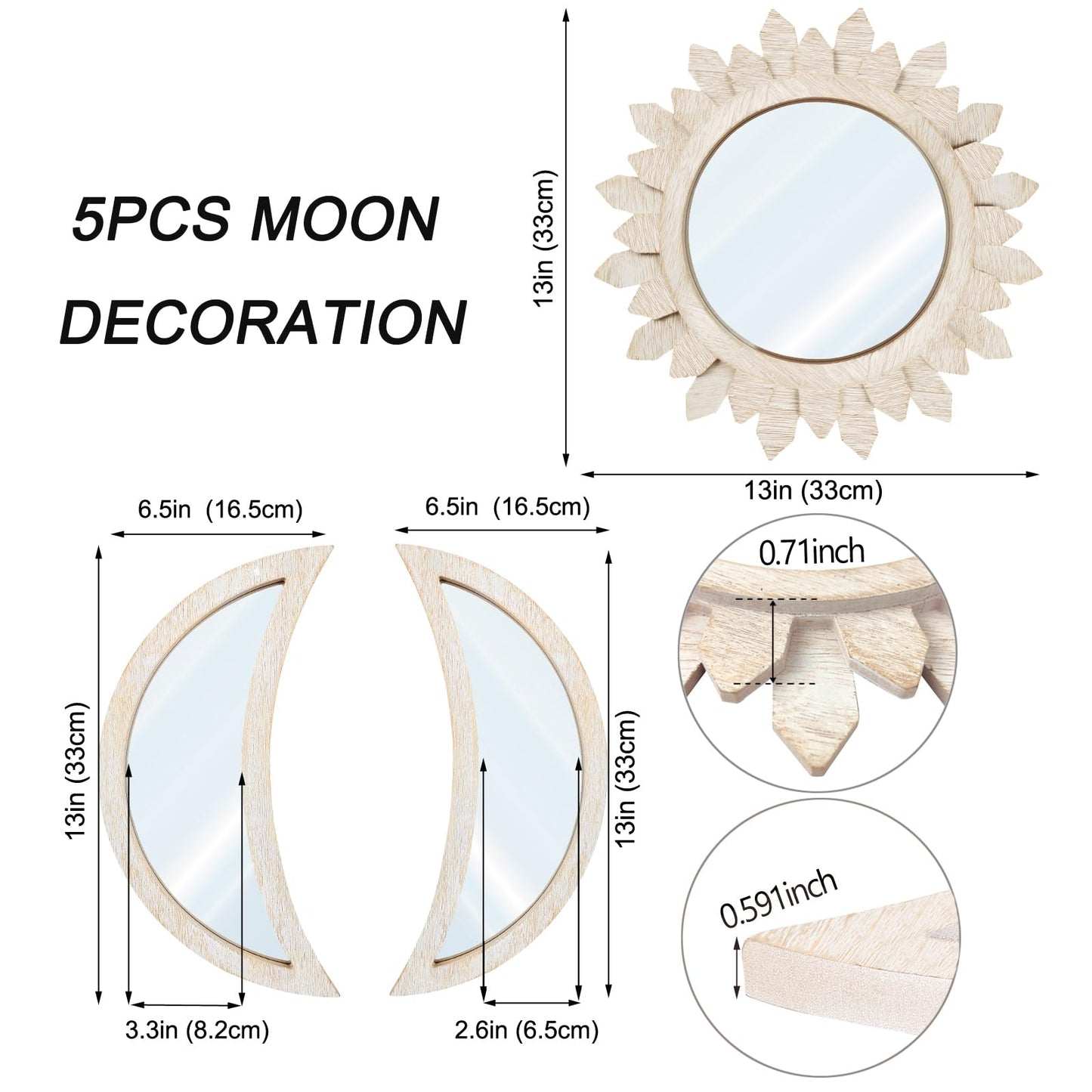 Cpcdaosk 5 Pieces Moon Phase Mirror Wall-Mounted Wall Decor Mirrors Natural Wooden Sunburst Bohemian Wall Art for Home Living Room Bedroom Decoration