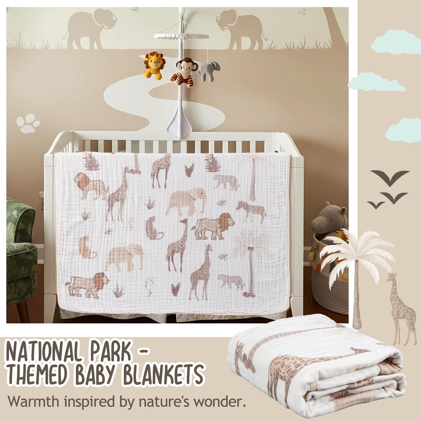 SmoothNovelty Safari Animal Muslin Blanket 47 x 47 Inch Warm Soft Cotton Muslin Swaddle Blanket Nursery Swaddling Wrap Quilt for Bedding Gift, Cold Weather, Jungle Theme Nursery Decor