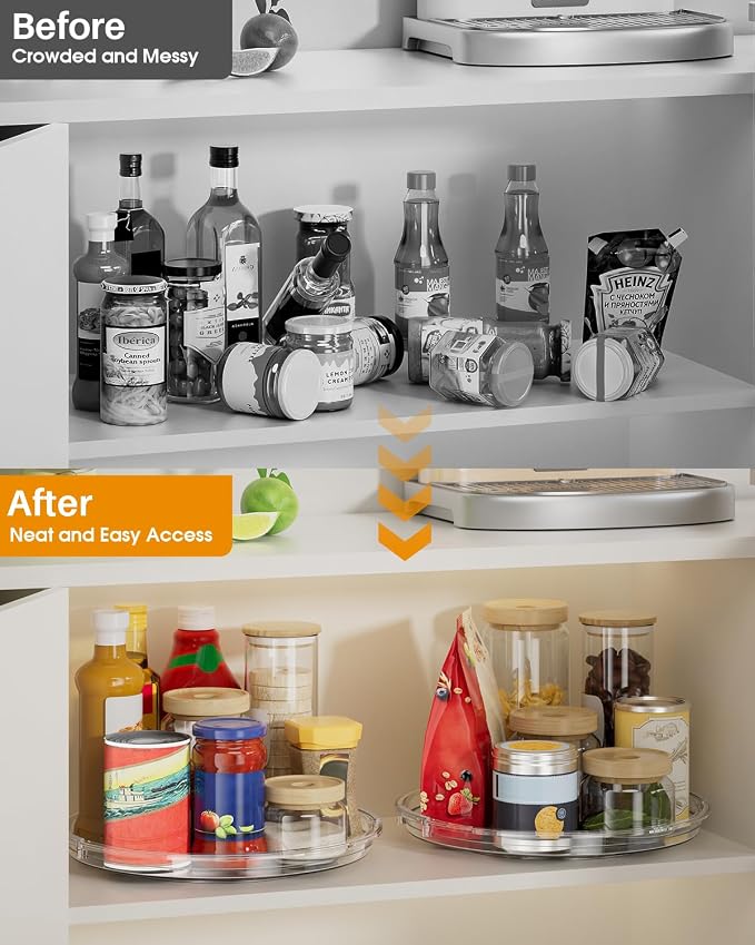 LAMU 2 Pack 11.8 Inch Lazy Susan Organizer Turntable for Cabinet, with High Edges to Prevent Falling, Large Clear Lazy Susan for Kitchen, Pantry, Refrigerator, Countertop, Table, Bathroom