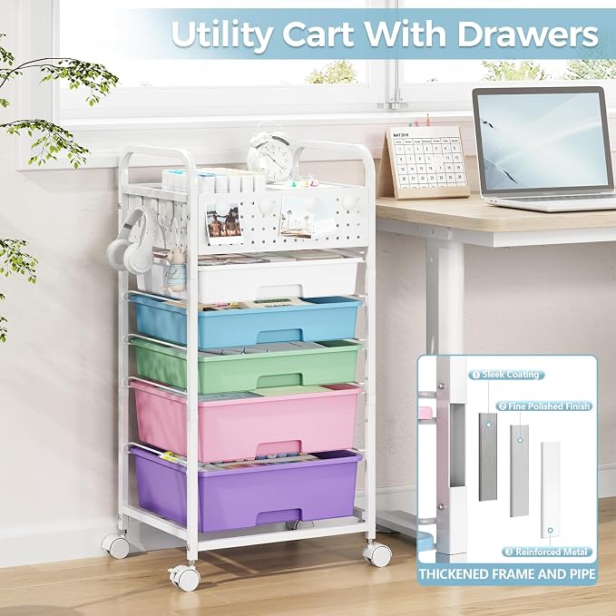 5 Drawer Rolling Storage Cart with Pegboard Top and Hooks, Mobile Organizer Cart with Wheels for Office Supplies, Craft Storage, Classroom Organization, Home Utility Cart, Ice Cream