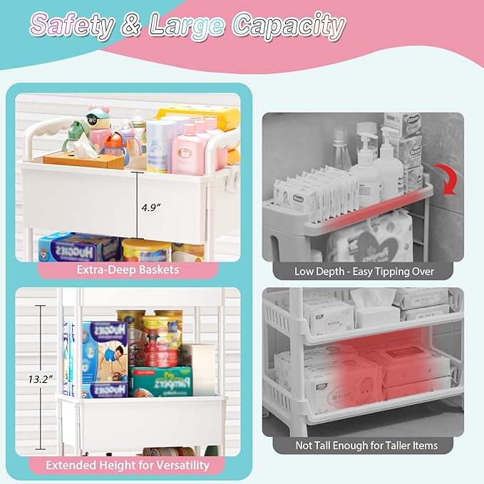 SUNALLY Baby Diaper Caddy Cart, 3 Tier Rolling Diaper Cart with Lockable Wheels for Nursery Essentials, Large Capacity & Easy Assemble Diaper Storage Organizer for Newborn,New Mom, White